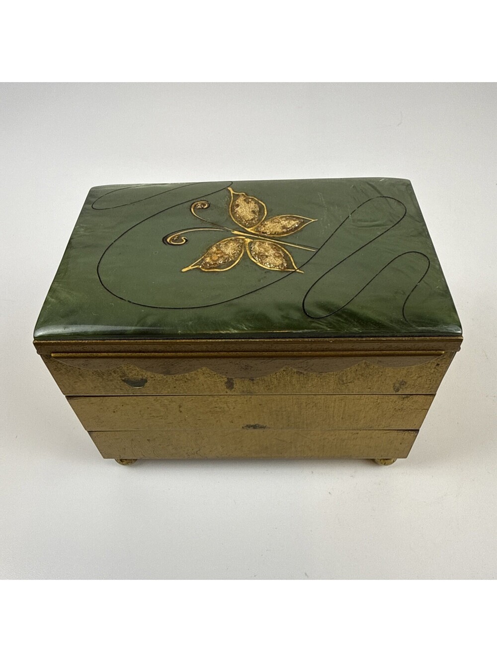 GOLD TONE PRODUCT Jewelry Box Accordion 3 Tier Cantilever Butterfly Lucite Lid